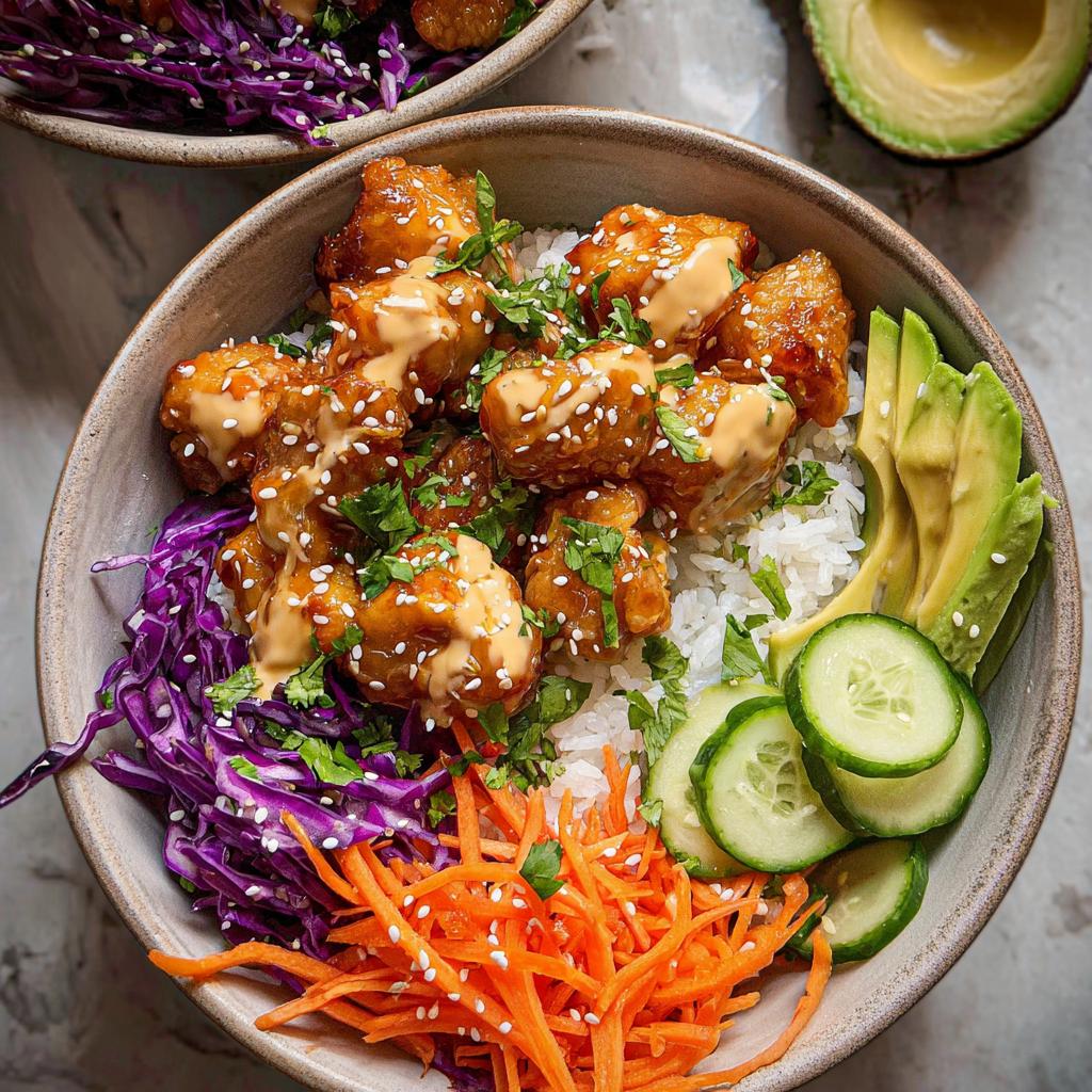 A close-up of a vibrant Bang Bang Chicken Bowl featuring crispy chicken drizzled with sauce over rice, with shredded carrots, cabbage, cucumbers, and avocado.