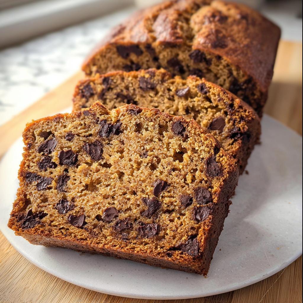 Close-up of thick slices of moist Peanut Butter Banana Bread loaded with chocolate chips.