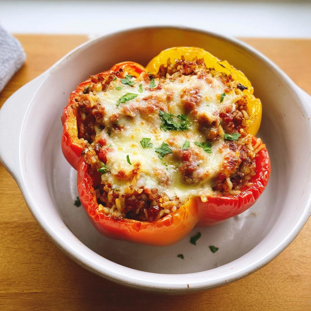 A vibrant red and yellow Ground Beef Stuffed Bell Peppers topped with melted cheese and parsley.