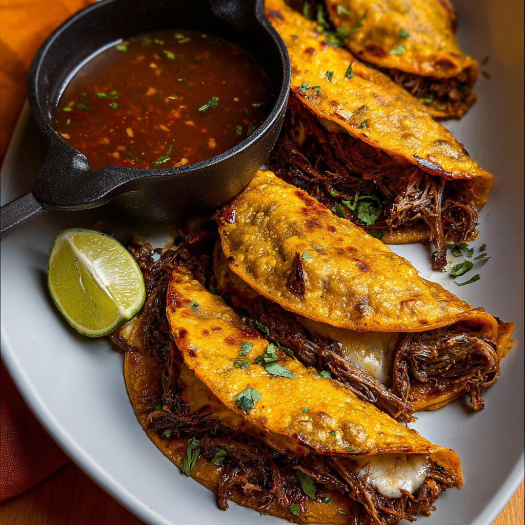 A plate featuring several crispy, cheesy My Fave Birria Tacos served with a side of rich consommé and a lime wedge.