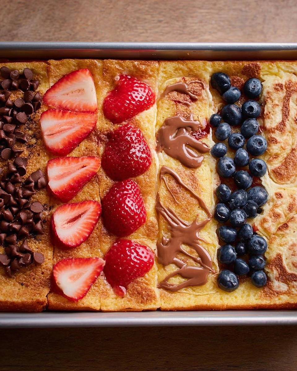 Overhead view of a sheet pan breakfast with sections of chocolate chips, strawberries, chocolate drizzle, and blueberries on pancakes.