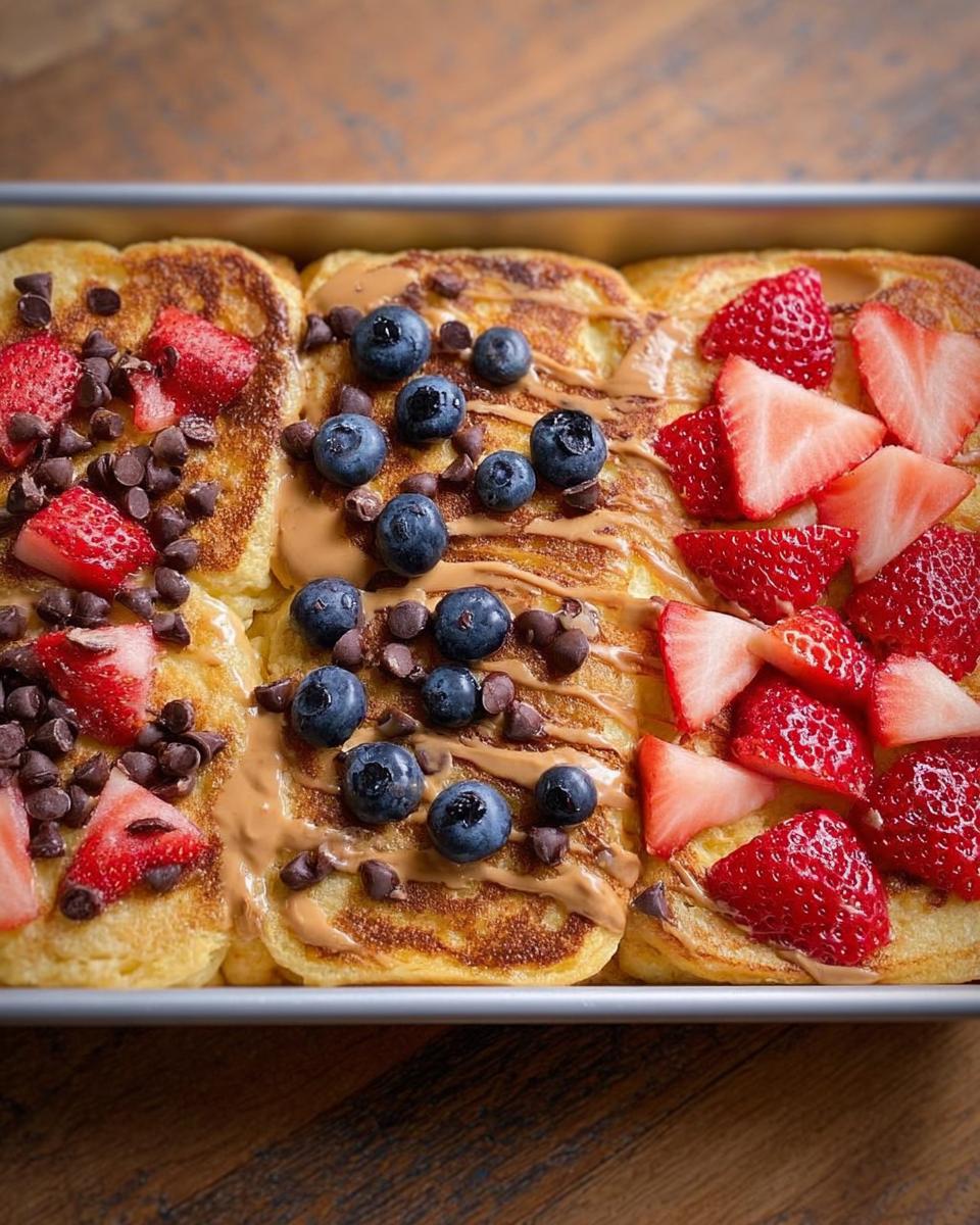 Close-up of sheet pan pancakes topped with strawberries, blueberries, chocolate chips, and peanut butter.