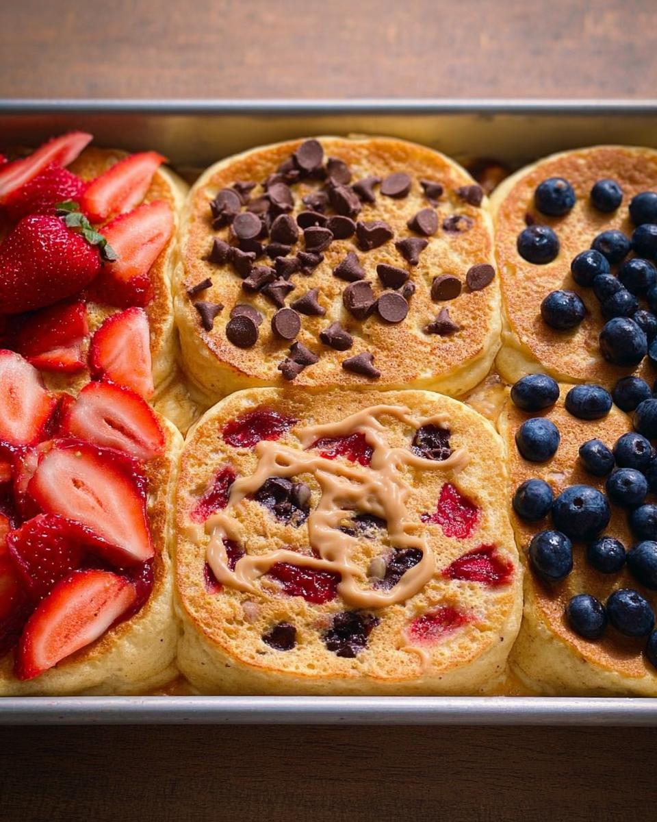 Close-up of sheet pan pancakes with various toppings including strawberries, chocolate chips, blueberries, and peanut butter drizzle.