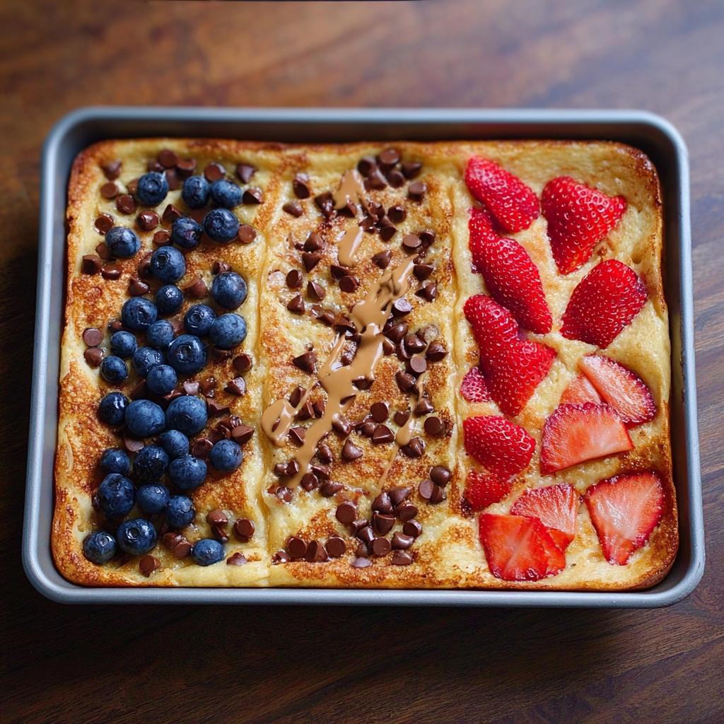 Overhead view of a sheet pan pancake with blueberries, chocolate chips, and strawberries, a perfect 10-ingredient breakfast idea.