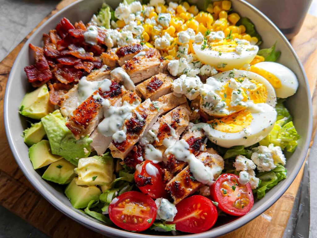 A delicious 10-ingredient chicken recipe salad with grilled chicken, avocado, bacon, corn, eggs, tomatoes, and blue cheese.