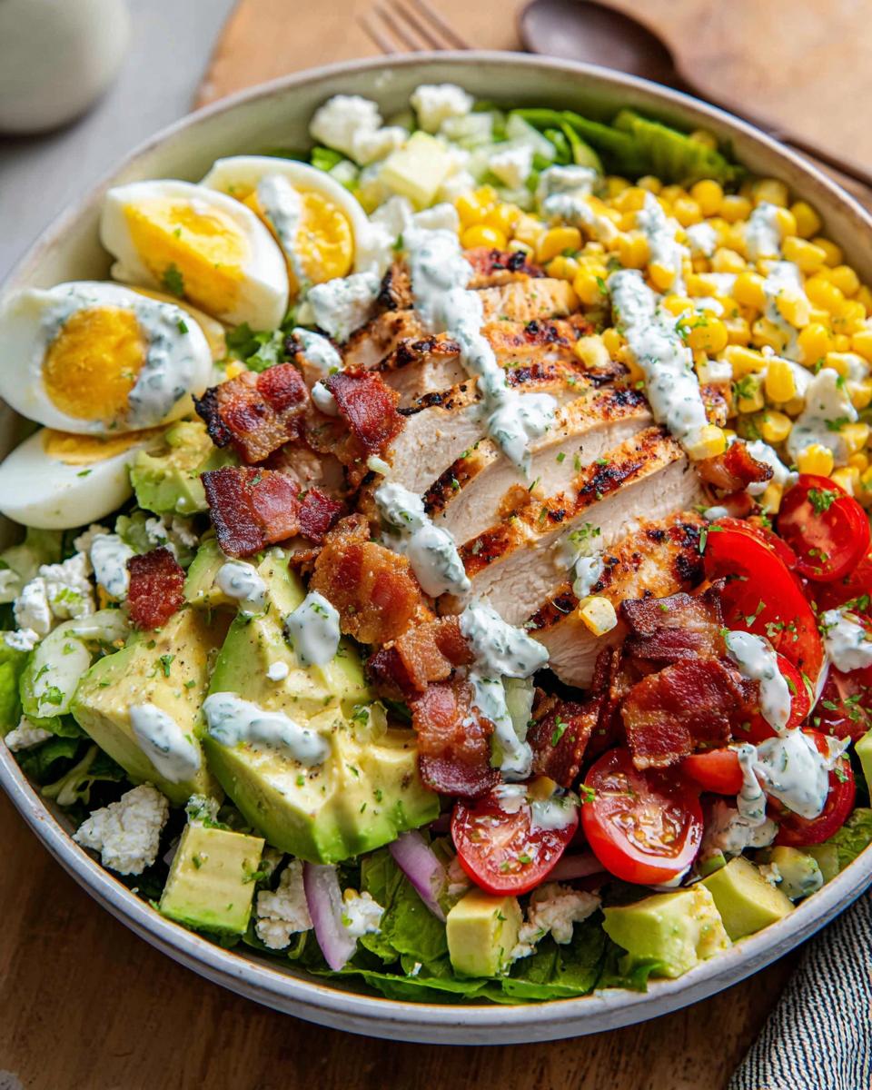 A hearty 10-ingredient chicken salad featuring grilled chicken, crispy bacon, creamy avocado, hard-boiled eggs, corn, and tomatoes.