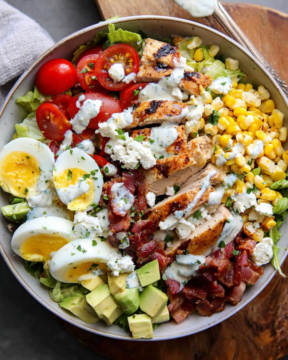 A vibrant salad bowl featuring grilled chicken, hard-boiled eggs, avocado, corn, tomatoes, bacon, and feta cheese, drizzled with creamy dressing. Part of 10-Ingredient Chicken Recipes.