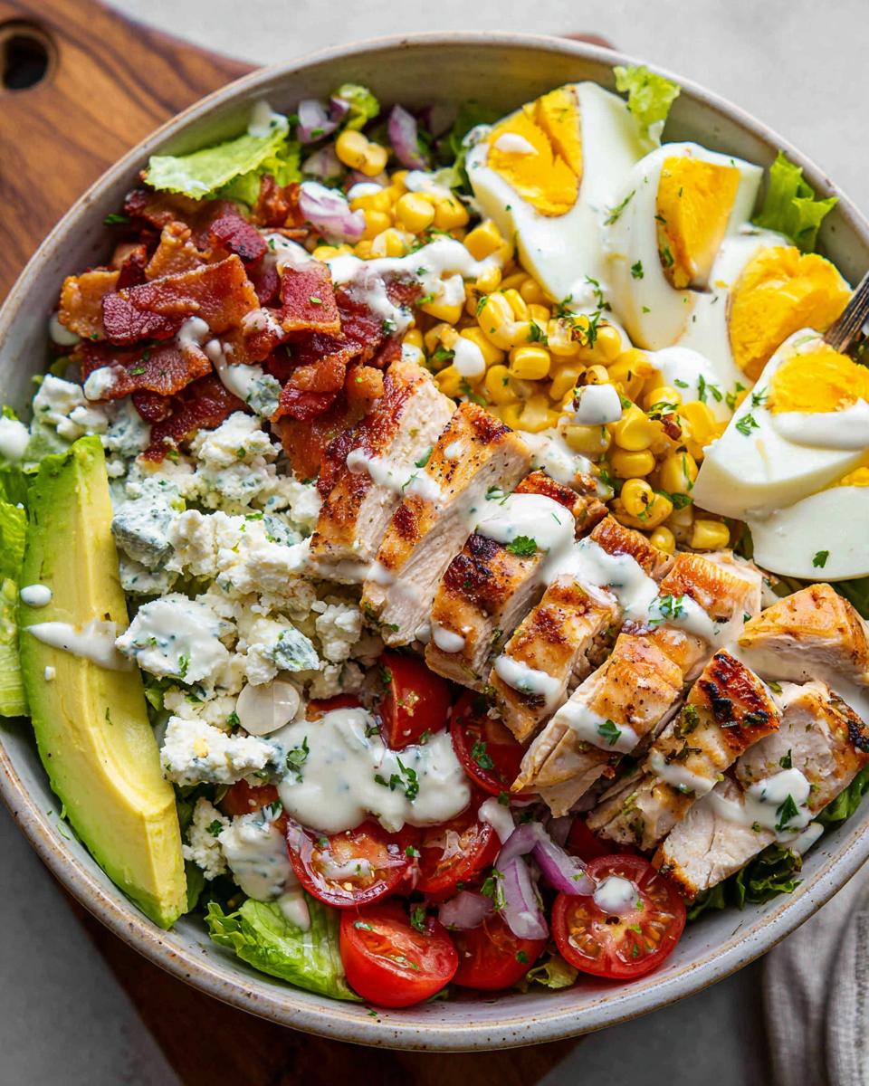 A delicious 10-ingredient chicken salad featuring grilled chicken, bacon, avocado, tomatoes, corn, hard-boiled eggs, and blue cheese.