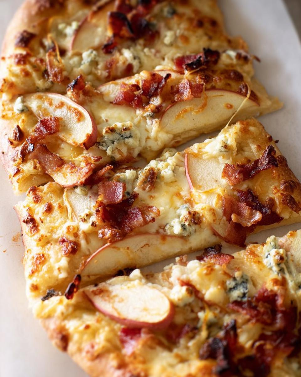 Close-up of a slice of 10-ingredient pizza featuring apple, bacon, and blue cheese.