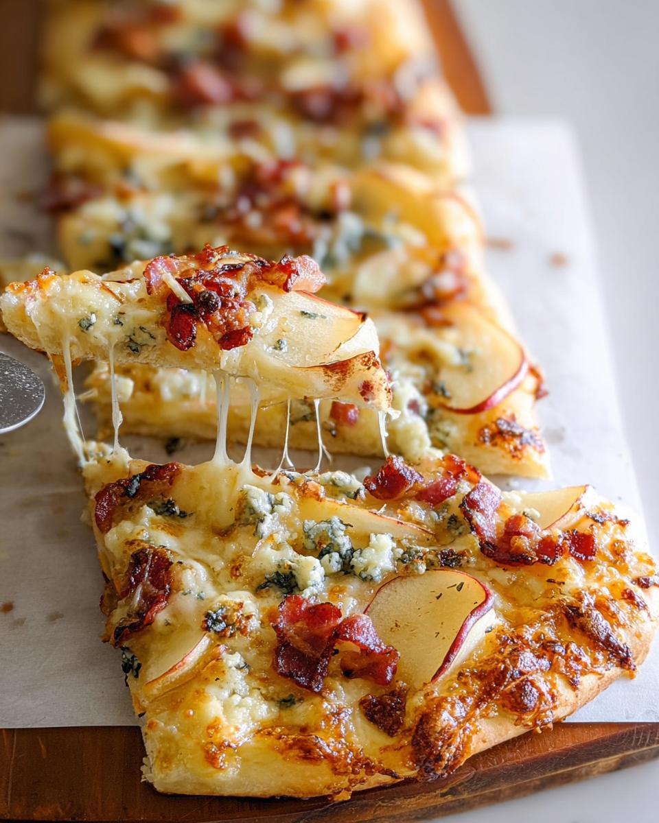 A slice of apple, bacon, and blue cheese pizza being lifted, showing strings of melted cheese. A perfect 10-Ingredient Pizza Night Recipe.