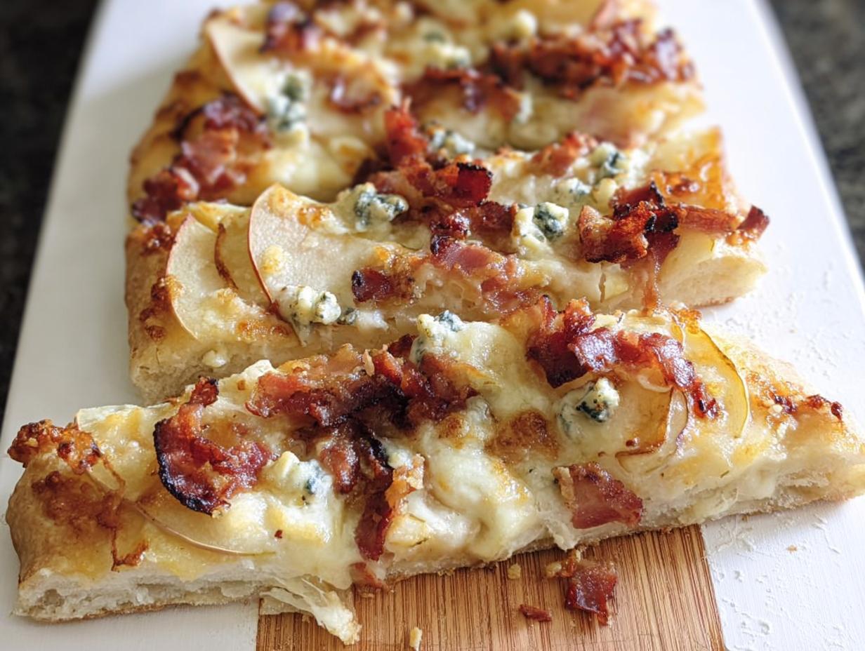 Close-up of a slice of 10-ingredient pizza featuring pear, crispy bacon, and crumbled blue cheese on a white serving board.