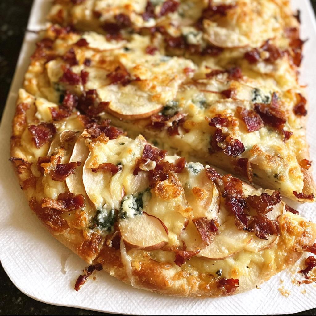 A slice of 10-ingredient pizza topped with thinly sliced potatoes, crumbled bacon, and melted cheese.