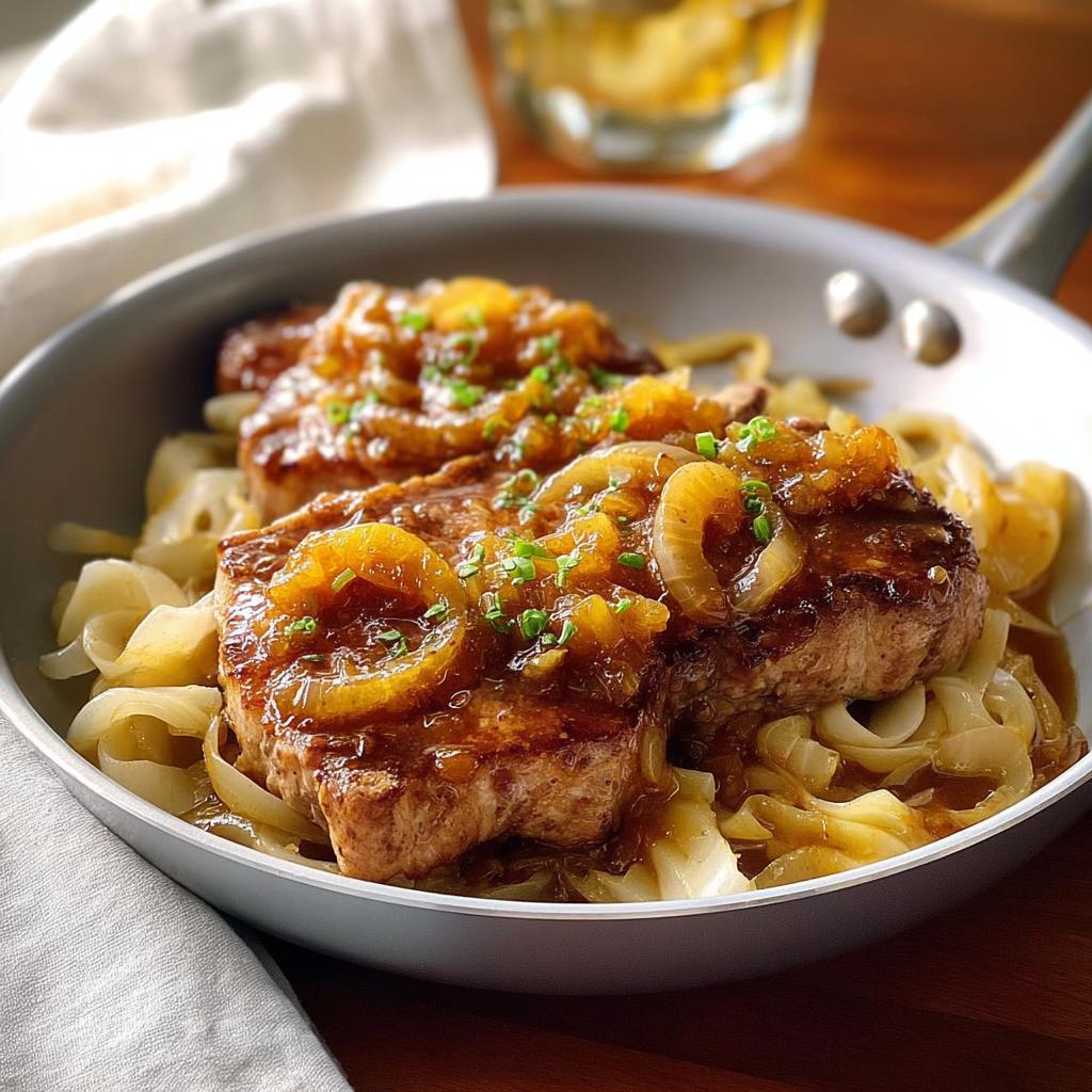 Two tender pork chops served in a pan over noodles, topped with a rich sauce and caramelized onions.