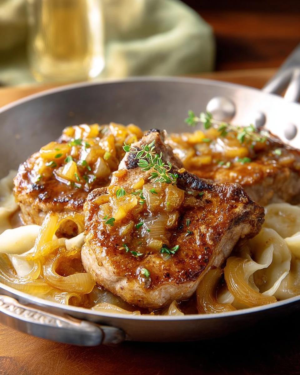 Three juicy 10-ingredient pork chops topped with caramelized onions and fresh thyme, served in a pan.