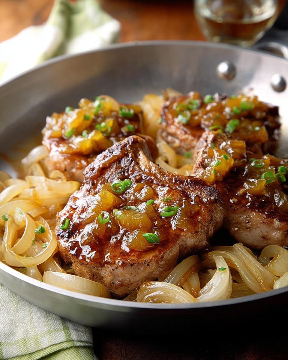 Close-up of 10-Ingredient Pork Chops Recipes with caramelized onions and a sweet glaze, garnished with green onions.