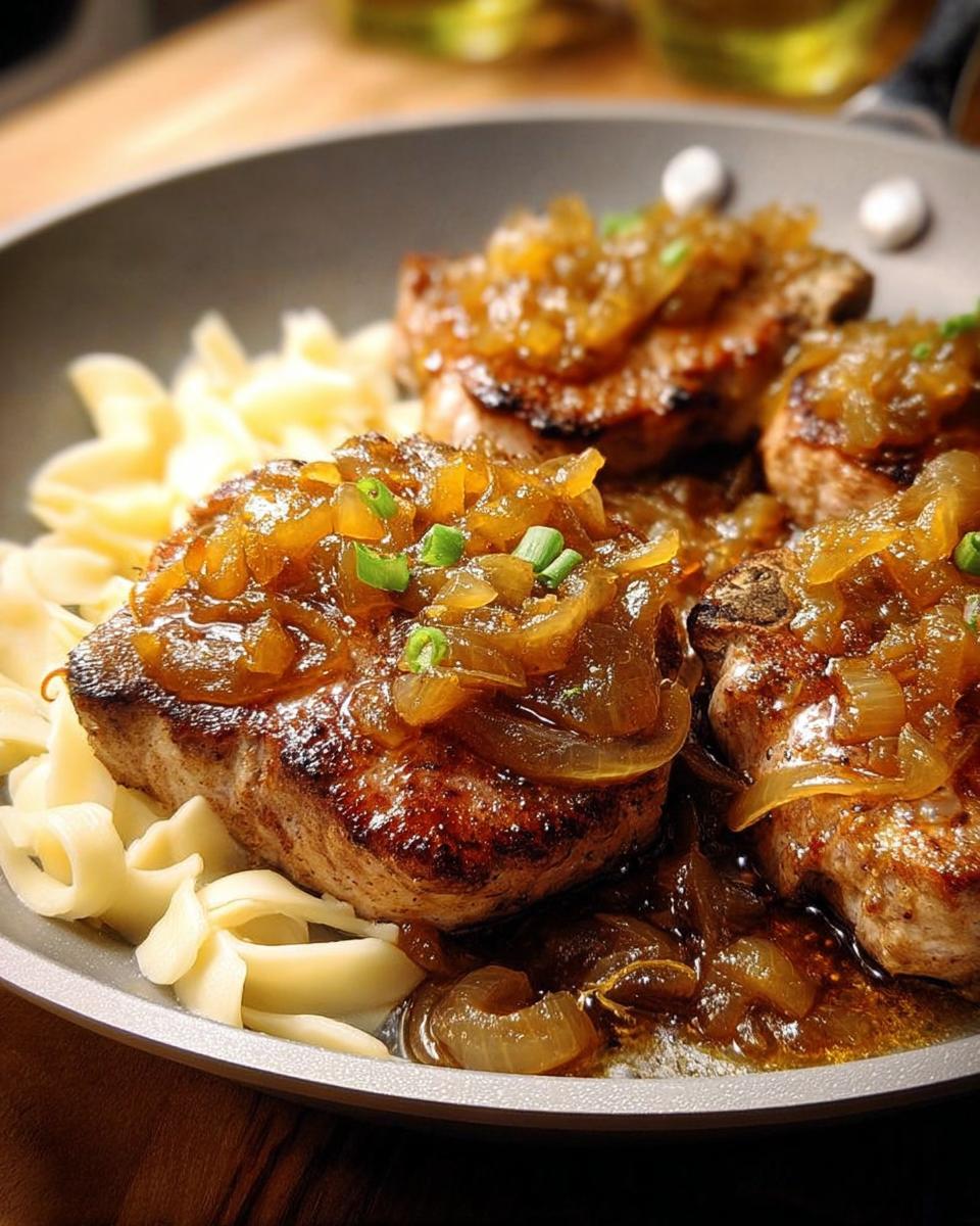 Close-up of 10-Ingredient Pork Chops with caramelized onions and egg noodles.