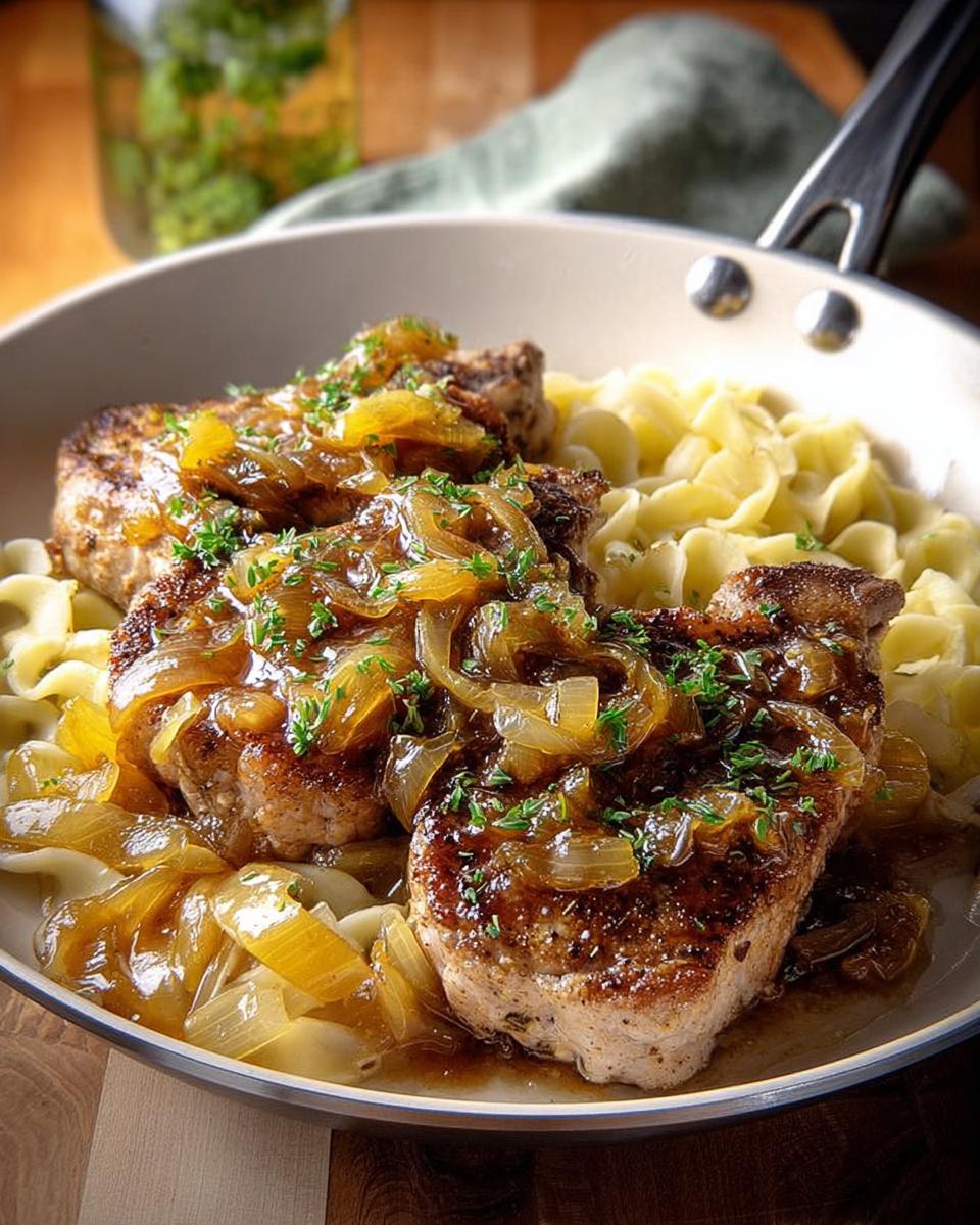 Three 10-ingredient pork chops smothered in caramelized onions and gravy, served with egg noodles.