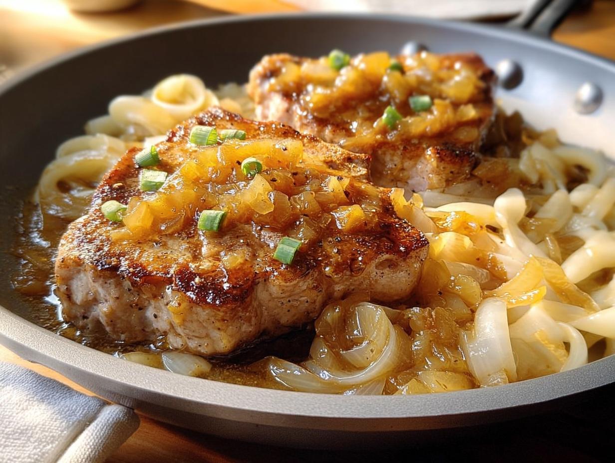 Two juicy 10-ingredient pork chops topped with caramelized onions and green onions, served over noodles.