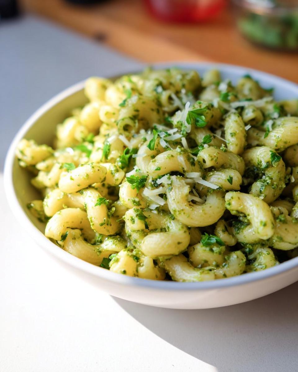 A bowl of delicious 10-minute pasta with vibrant green pesto and grated Parmesan cheese.