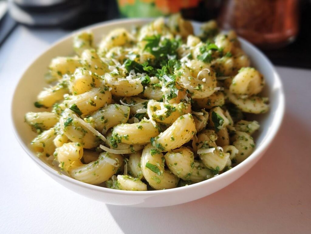 A bowl of delicious 10-minute pesto pasta, garnished with fresh parsley and grated cheese.