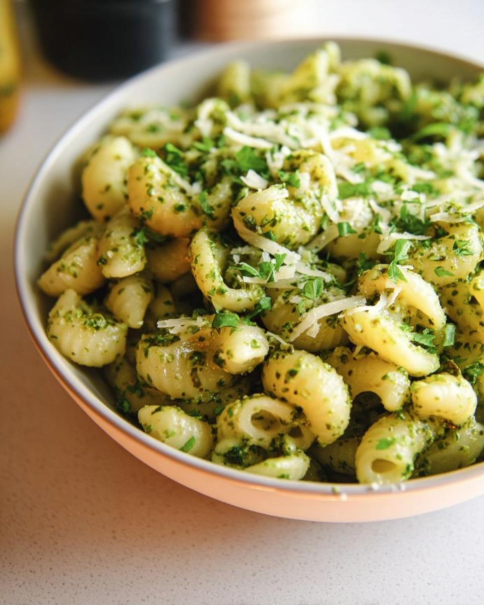 A bowl of delicious 10-minute pesto pasta, topped with grated cheese and fresh parsley.