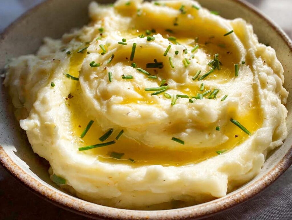 Close-up of fluffy 12-Ingredient Mashed Potatoes topped with melted butter and fresh chives.