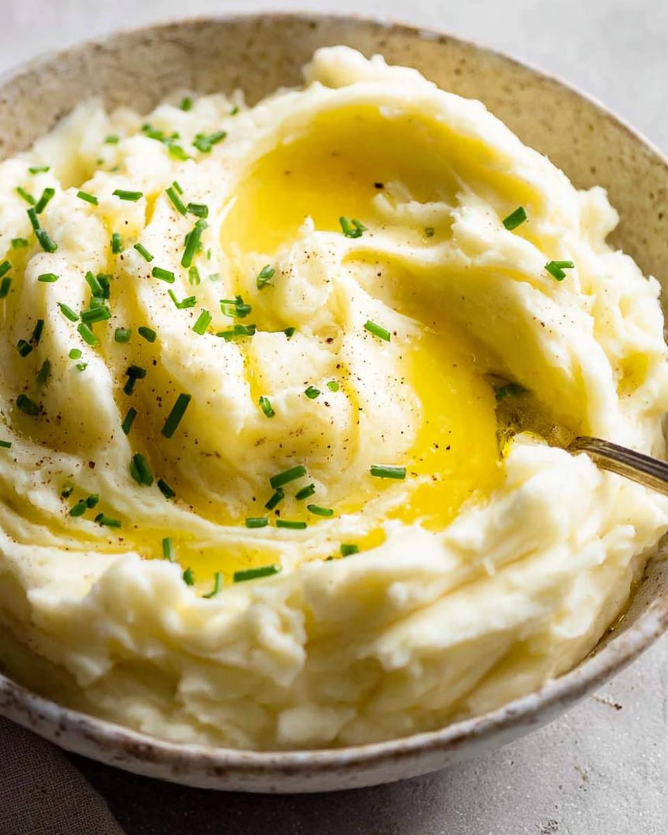 Close-up of creamy 12-Ingredient Mashed Potatoes Recipe topped with melted butter and chives.