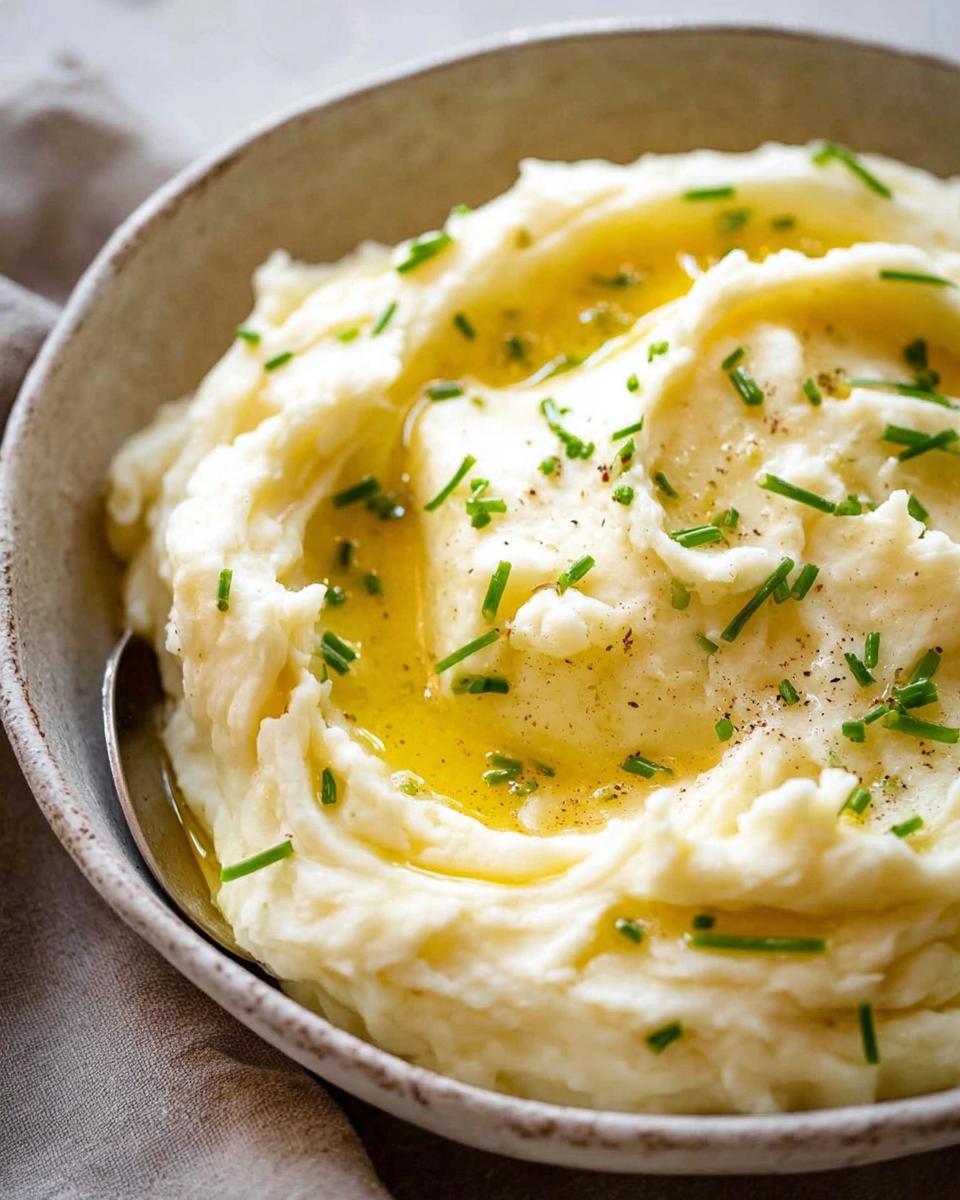 Close-up of creamy 12-Ingredient Mashed Potatoes topped with melted butter and fresh chives.