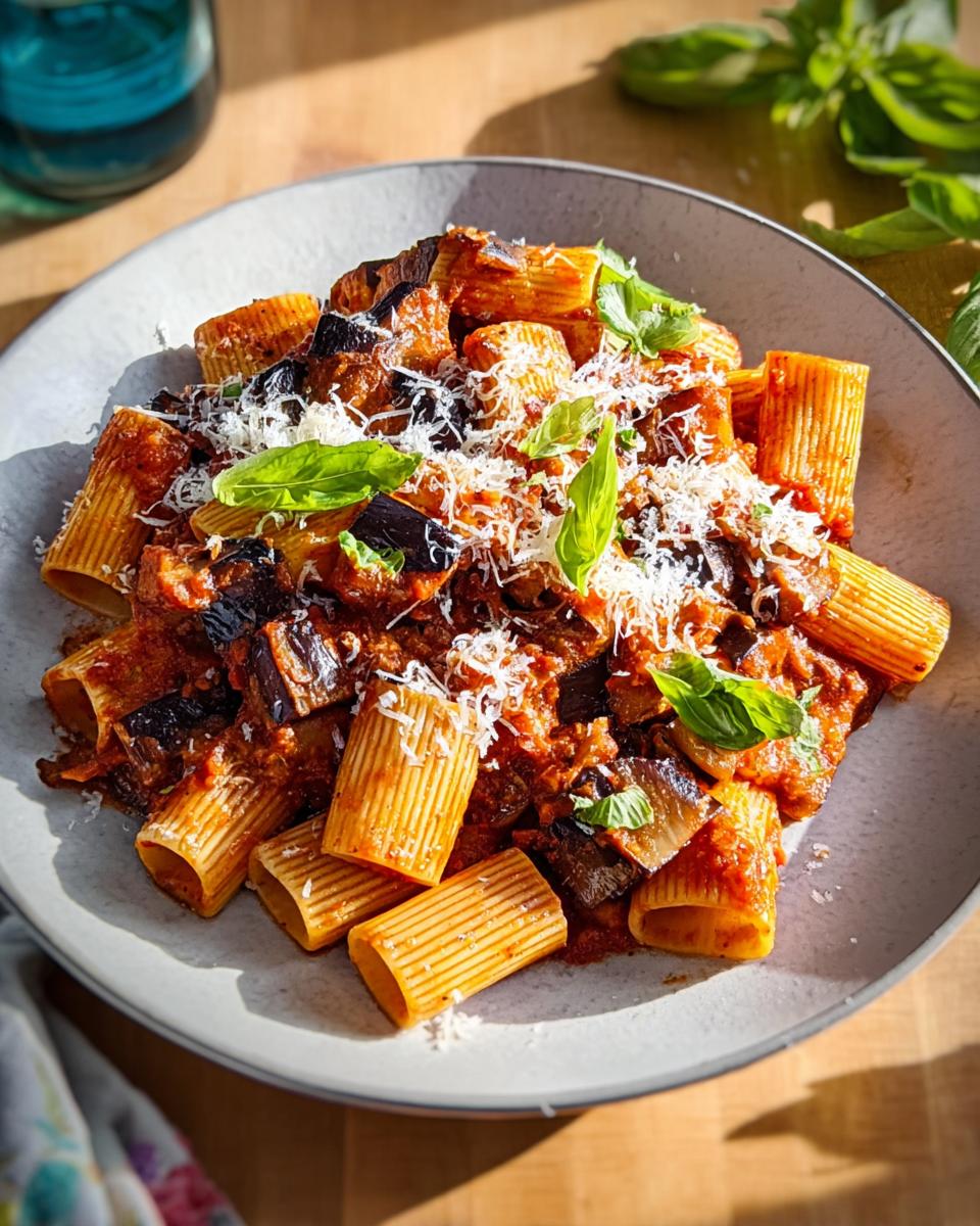 A close-up of rigatoni pasta with a rich tomato sauce, chunks of eggplant, and fresh basil, part of 12-Ingredient Pasta Recipes.