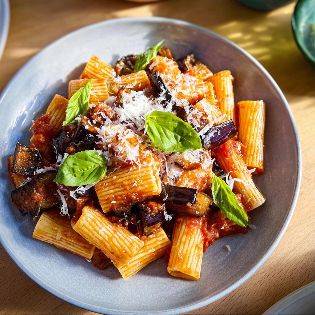 A bowl of rigatoni pasta with a rich tomato sauce, chunks of roasted eggplant, and fresh basil, topped with grated Parmesan cheese. A perfect example of 12-Ingredient Pasta Recipes.