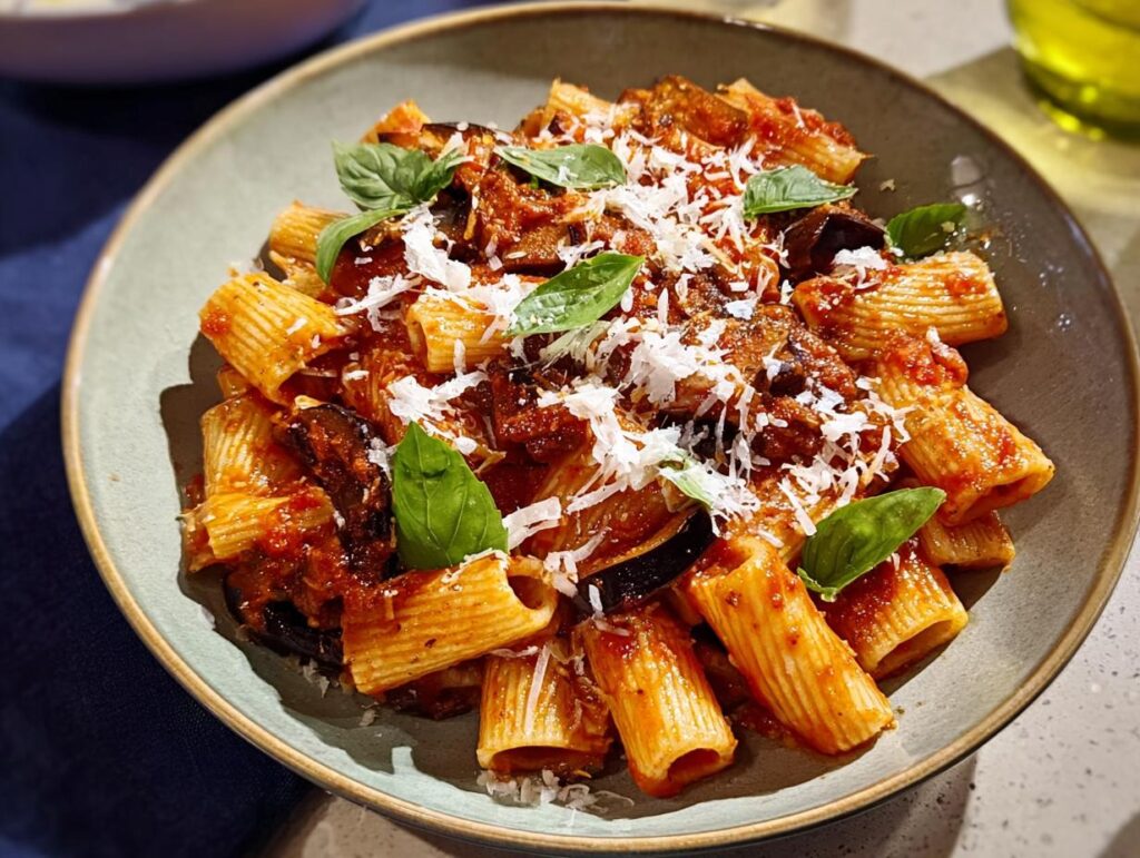 A close-up of rigatoni pasta with a rich tomato sauce, chunks of eggplant, and topped with grated cheese and fresh basil. This is one of the 12-Ingredient Pasta Recipes.
