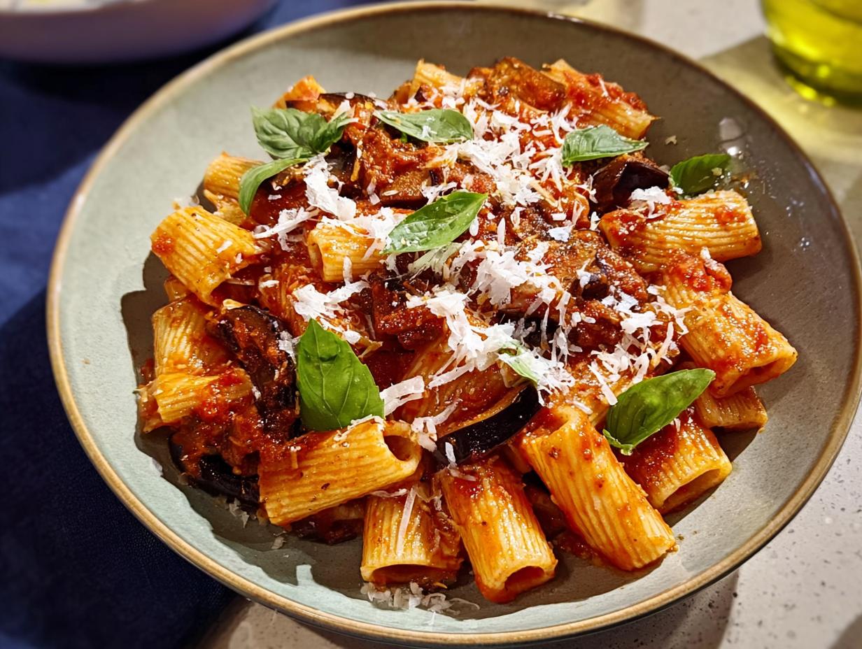 A close-up of rigatoni pasta with a rich tomato sauce, chunks of eggplant, and topped with grated cheese and fresh basil. This is one of the 12-Ingredient Pasta Recipes.