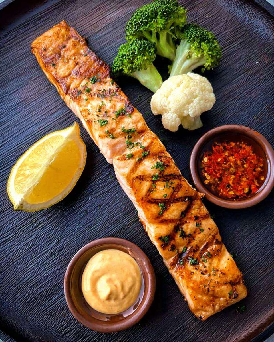 A perfectly grilled salmon fillet with grill marks, served with lemon, broccoli, cauliflower, and two dipping sauces.