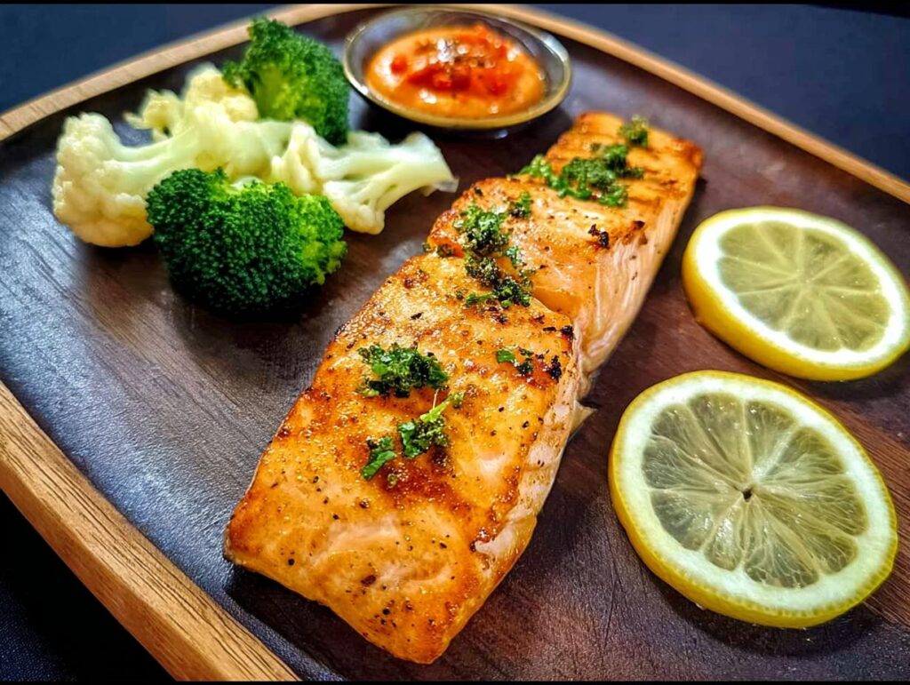A perfectly cooked salmon fillet seasoned with herbs, served with steamed broccoli, cauliflower, lemon slices, and a dipping sauce.