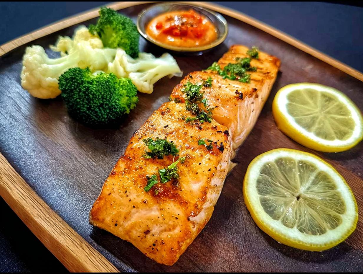 A perfectly cooked salmon fillet seasoned with herbs, served with steamed broccoli, cauliflower, lemon slices, and a dipping sauce.