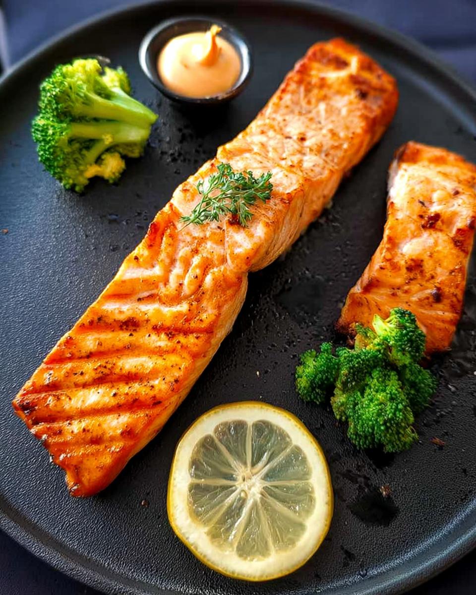 Two perfectly cooked salmon fillets with grill marks, served with steamed broccoli, a lemon slice, and a small dish of sauce. This is part of our 12-Ingredient Salmon Recipes.