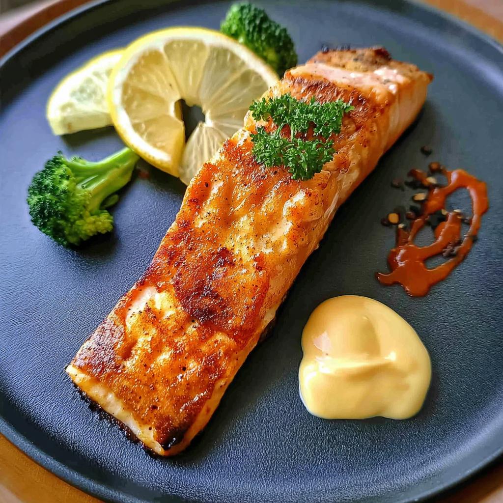 A perfectly cooked salmon fillet with a crispy crust, garnished with parsley, served with lemon slices, broccoli, and a dollop of sauce.