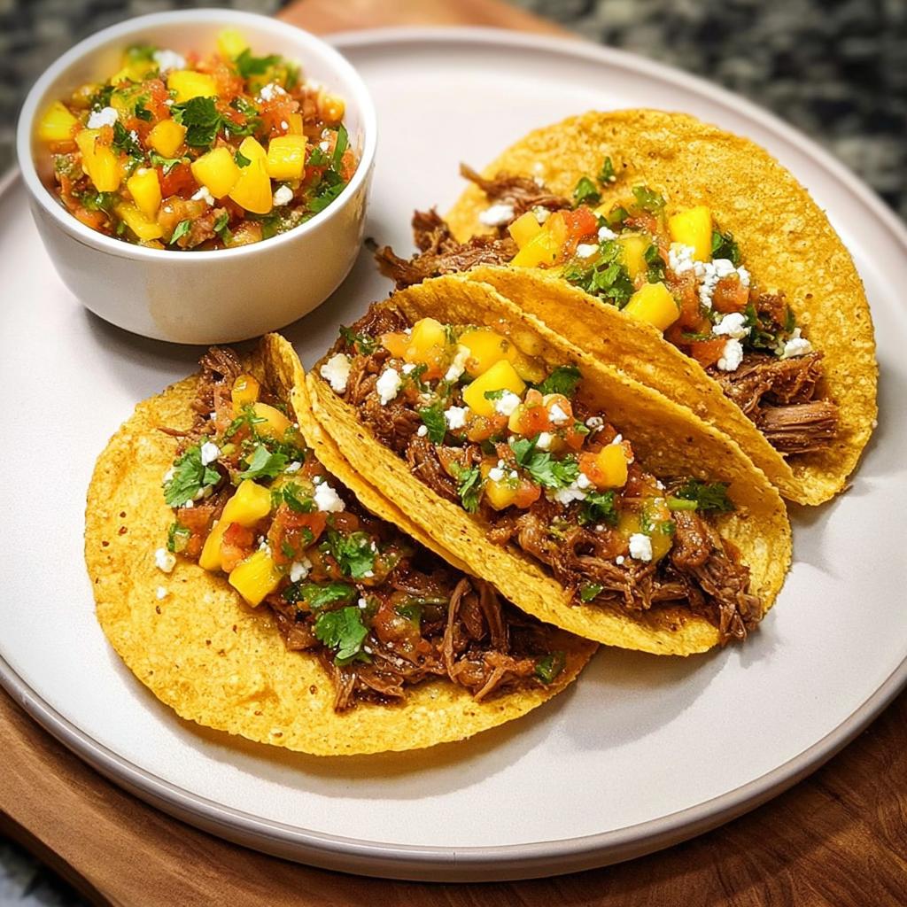Three mouthwatering tacos filled with shredded meat, topped with mango salsa, crumbled cheese, and cilantro. Part of our 12-Ingredient Taco Tuesday Recipes.
