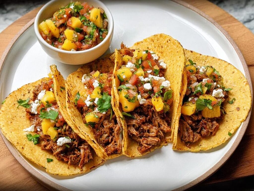 A plate of four delicious tacos filled with shredded meat, pineapple salsa, and crumbled cheese, perfect for 12-Ingredient Taco Tuesday.