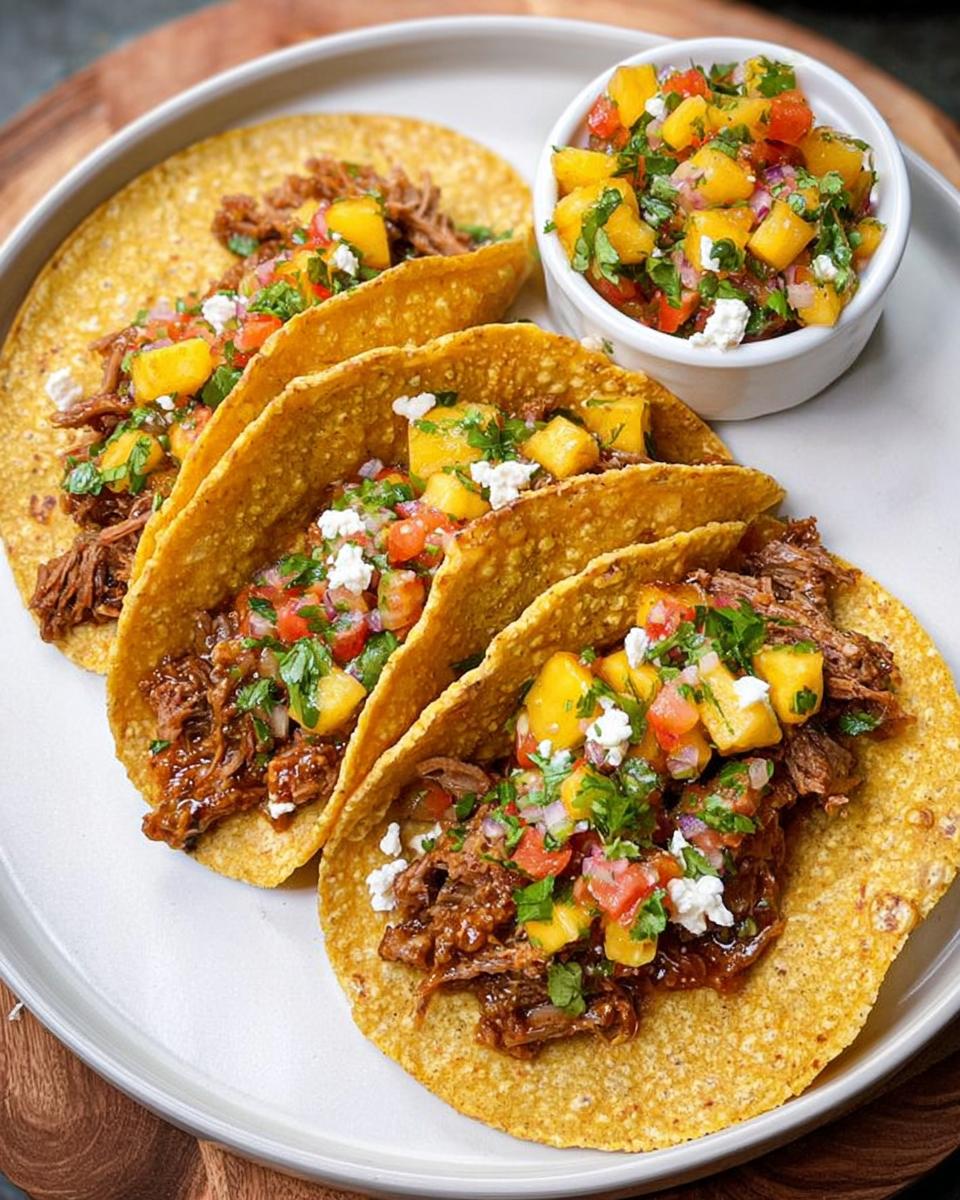 Close-up of three delicious tacos filled with shredded meat, mango salsa, and crumbled cheese, perfect for 12-Ingredient Taco Tuesday Recipes.