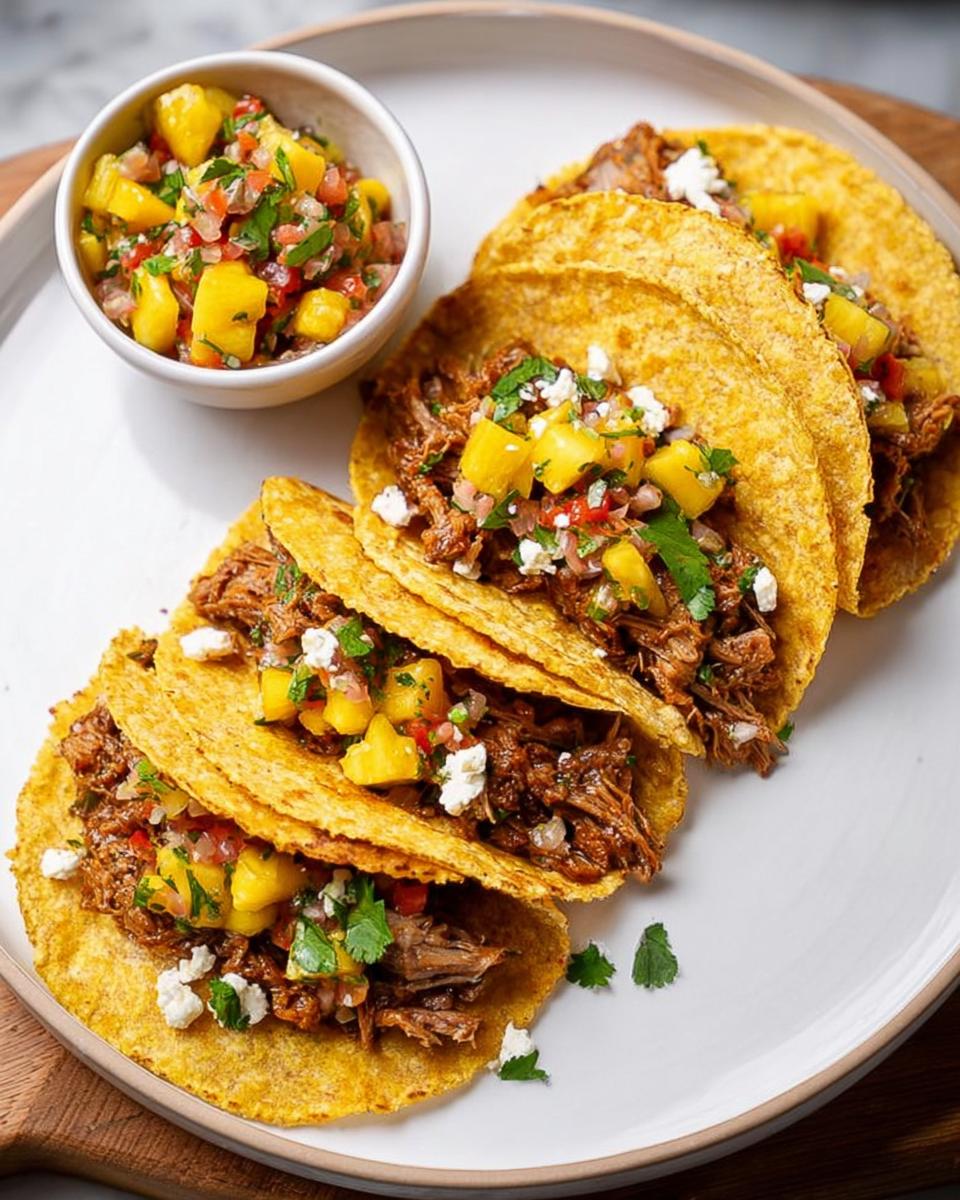 Close-up of shredded meat tacos with pineapple salsa and crumbled cheese, perfect for 12-Ingredient Taco Tuesday Recipes.
