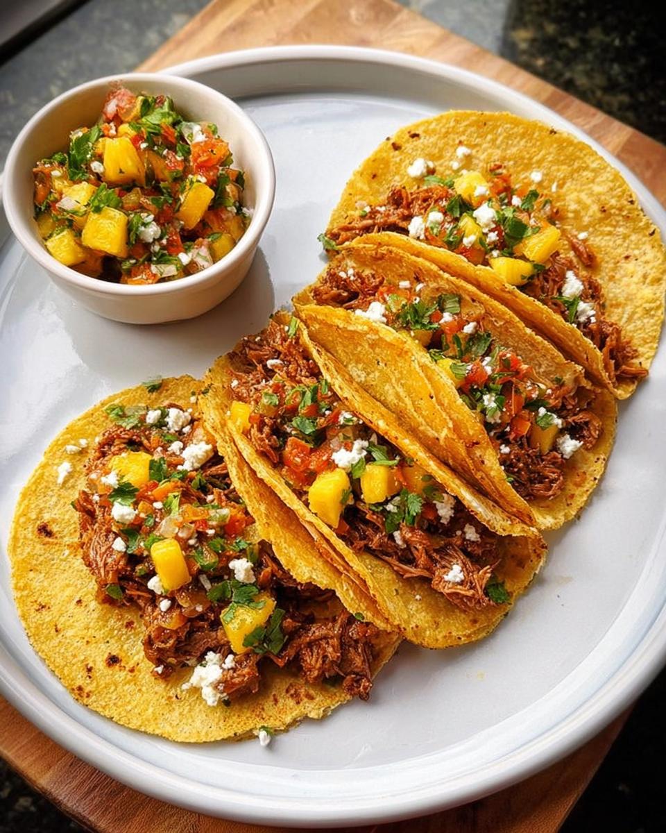 Close-up of shredded meat tacos with pineapple salsa and crumbled cheese, perfect for 12-Ingredient Taco Tuesday Recipes.
