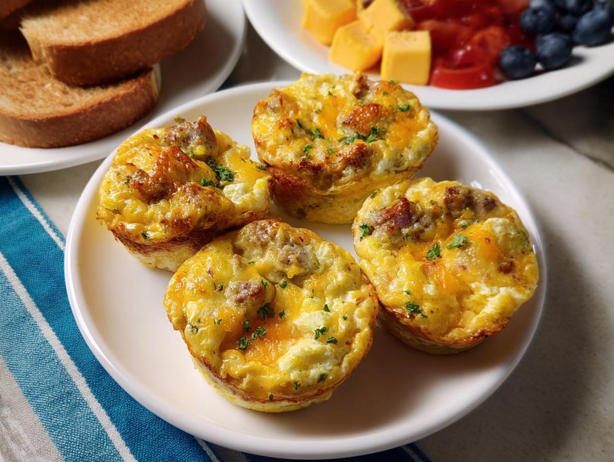 Four savory egg muffins with sausage and cheese, part of 20-Ingredient Breakfast Ideas Recipes (No Fuss).