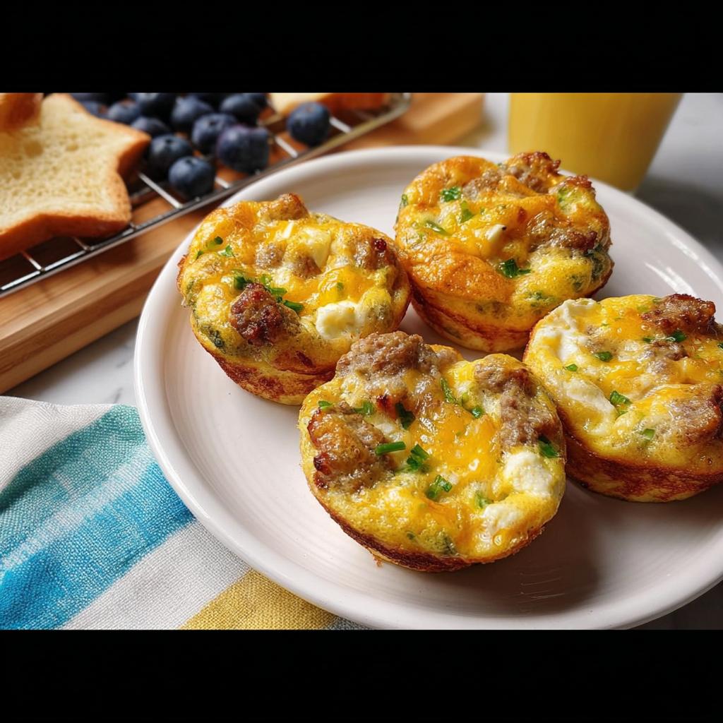 Four savory sausage and egg muffins topped with melted cheese and chives, part of 20-Ingredient Breakfast Ideas Recipes.