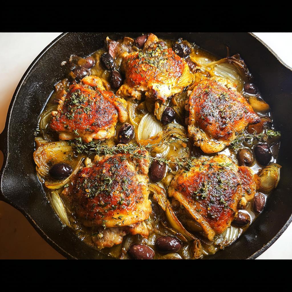 A cast iron skillet filled with golden brown chicken thighs, olives, and onions, seasoned with herbs.