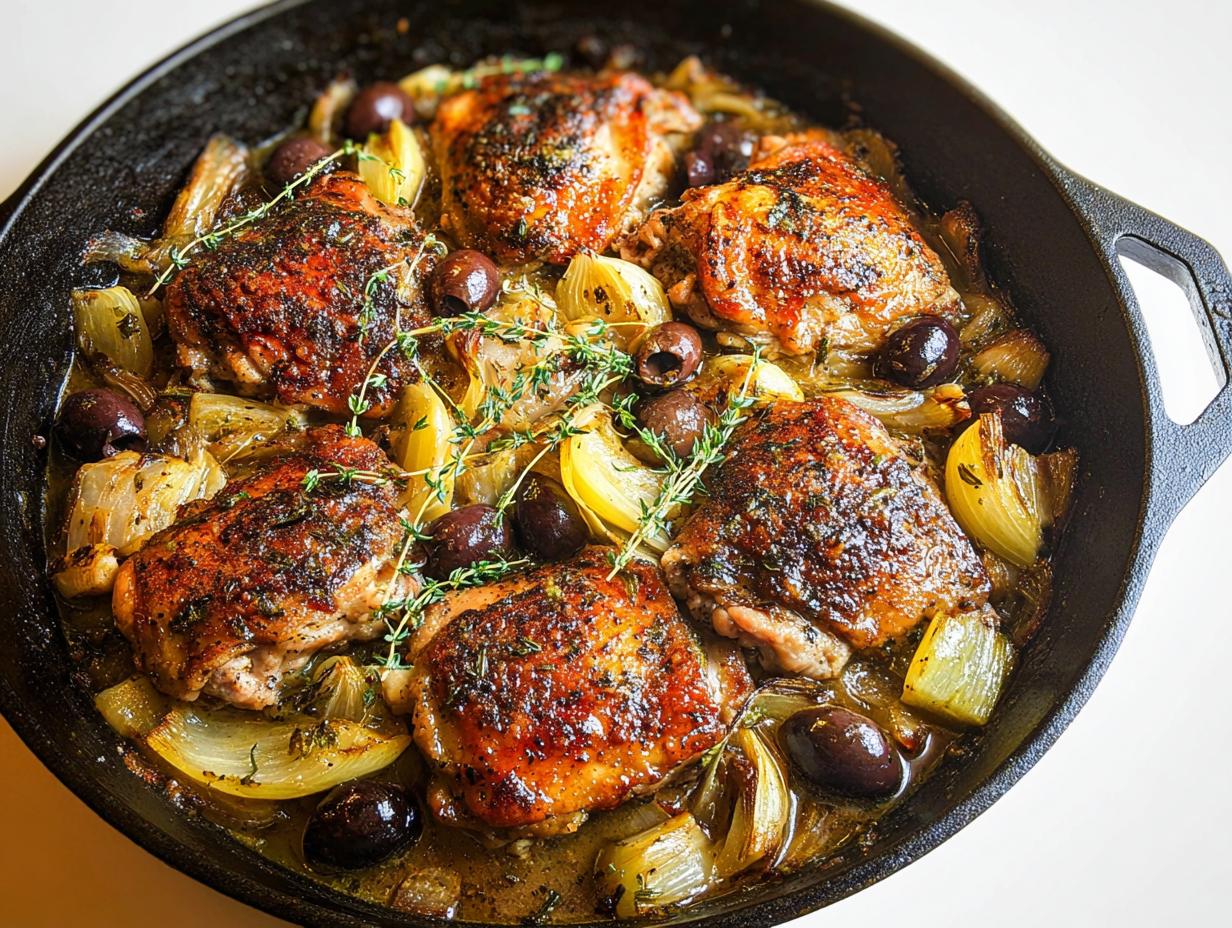 A cast iron skillet filled with 20-ingredient chicken thigh recipes, featuring golden-brown chicken thighs, olives, and fennel.