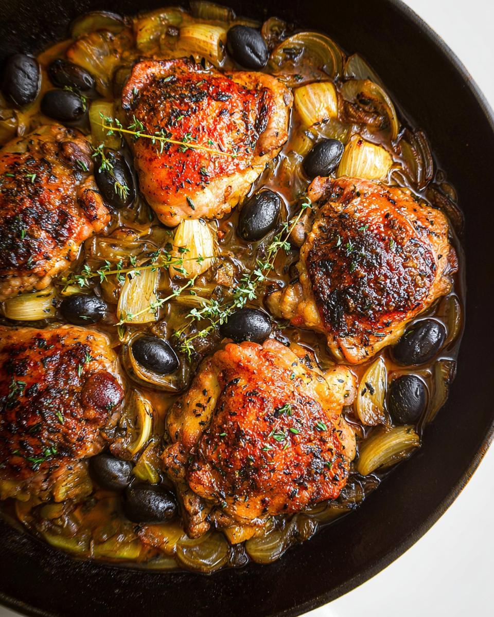 Close-up of 20-ingredient chicken thighs recipe with olives and fennel in a cast iron skillet.