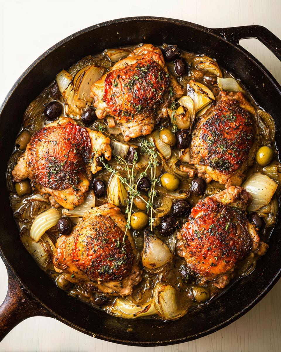 A cast iron skillet filled with 20-ingredient chicken thighs, onions, and olives, garnished with thyme.