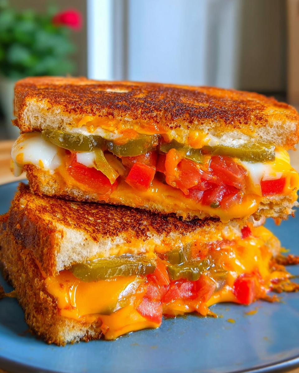 A close-up of a decadent grilled cheese sandwich, cut in half, revealing melted cheese, diced tomatoes, and jalapeno slices.
