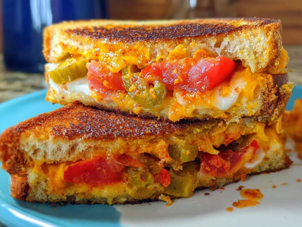 Close-up of a delicious 20-ingredient grilled cheese sandwich, filled with melted cheese, tomatoes, and pickles.
